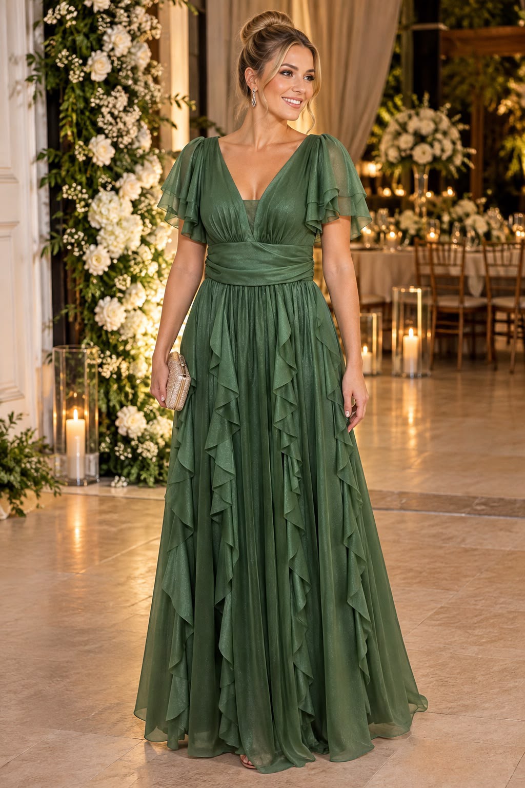 Vestido longo de cetim marrom chocolate com fenda